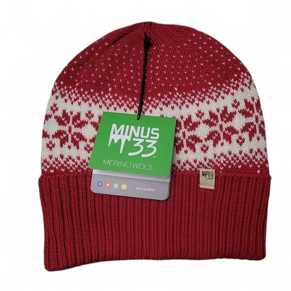 Minus33 Merino Wool Knit Beanie Red Snowflakes New Snow Gear Skiwear Classic - Picture 1 of 5